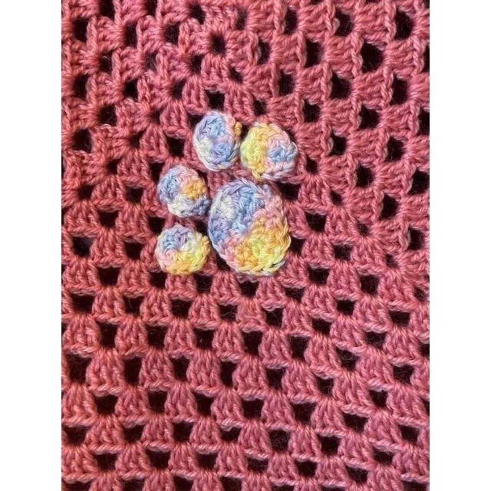 Handmade Crochet Paw Print Baby Blanket Pink White Pastel Granny Square Throw